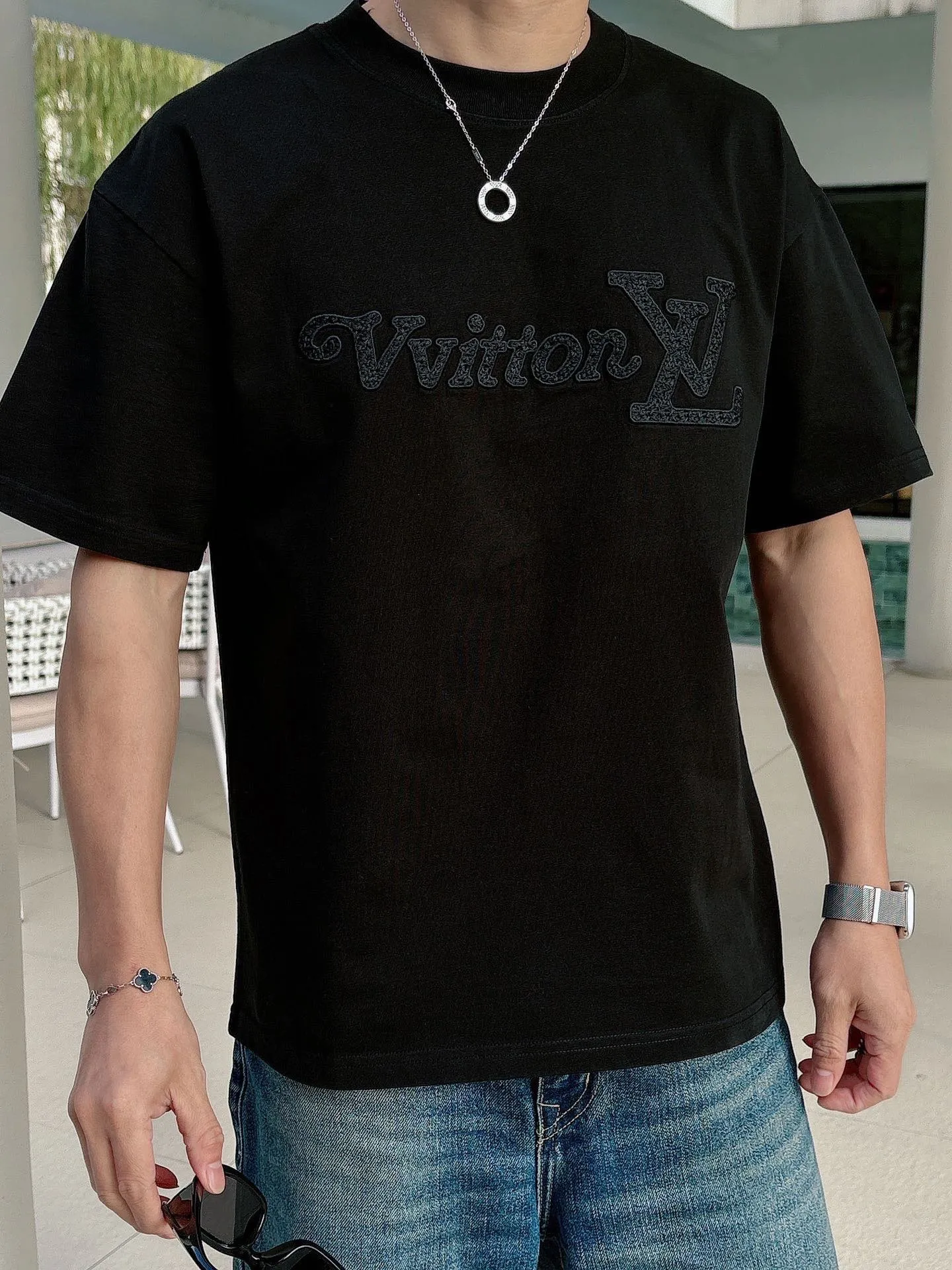 Louis Vuitton/Louis Vuitton 26ss woven letter embroidered short sleeves